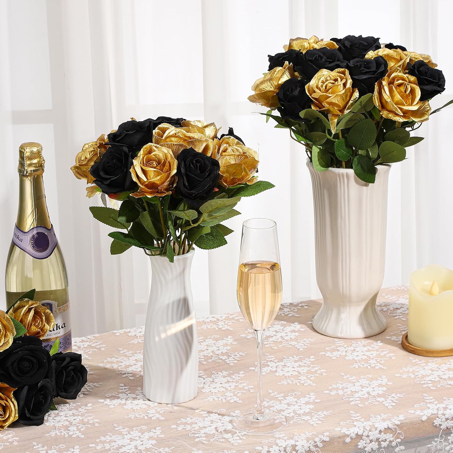 36 Pcs Silk Black Gold Rose Bouquet Bridal Artificial Flowers,Fake Rose Long Stem Realistic Flowers Bulk for Wedding Bouquet Ball Arrangement Centerpiece Party Decor