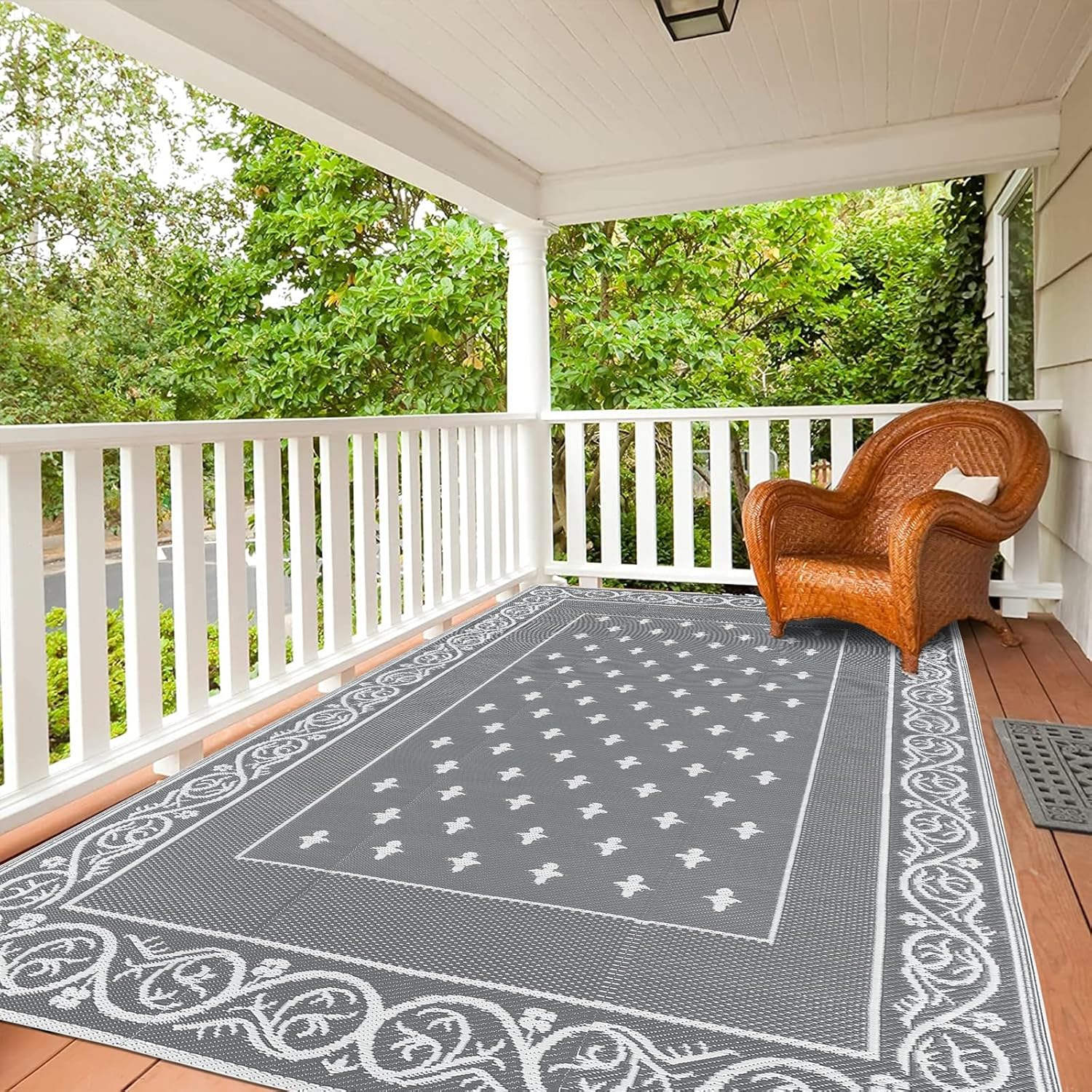 Pauwer Waterproof Outdoor Rug 6x9, Reversible Plastic Straw Patio Camping Rug, Indoor Outdoor RV Mat Carpet for Deck, Camper, Porch, Balcony, Backyard, Picnic, Bordered Grey