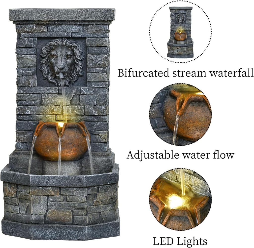 42'' Outdoor Garden Floor-Standing Water Fountain Lion Head Stone with Lights Outdoor Waterfall for Patio, Backyard, Deck, Porch and Home Art Decor
