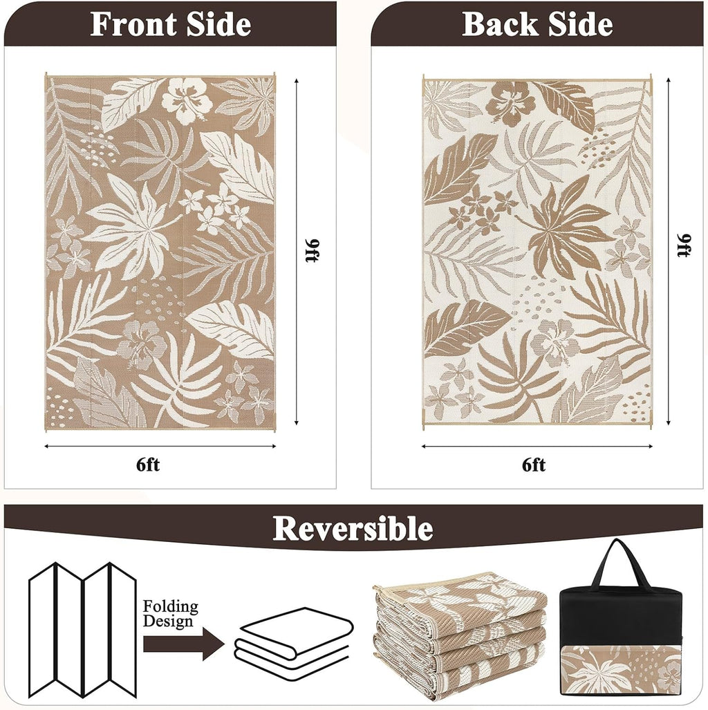 Pauwer Waterproof Outdoor Rug 6x9, Reversible Plastic Straw Patio Camping Rug, Indoor Outdoor RV Mat Carpet for Deck, Camper, Porch, Balcony, Backyard, Picnic, Floral Brown