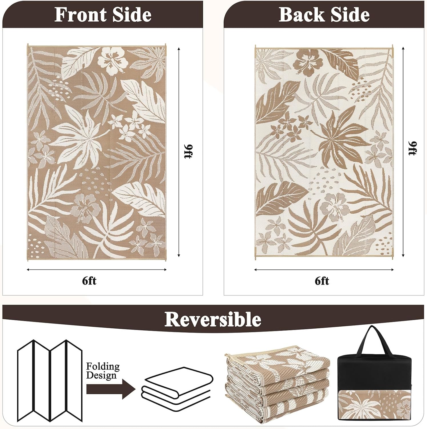 Pauwer Waterproof Outdoor Rug 6x9, Reversible Plastic Straw Patio Camping Rug, Indoor Outdoor RV Mat Carpet for Deck, Camper, Porch, Balcony, Backyard, Picnic, Floral Brown