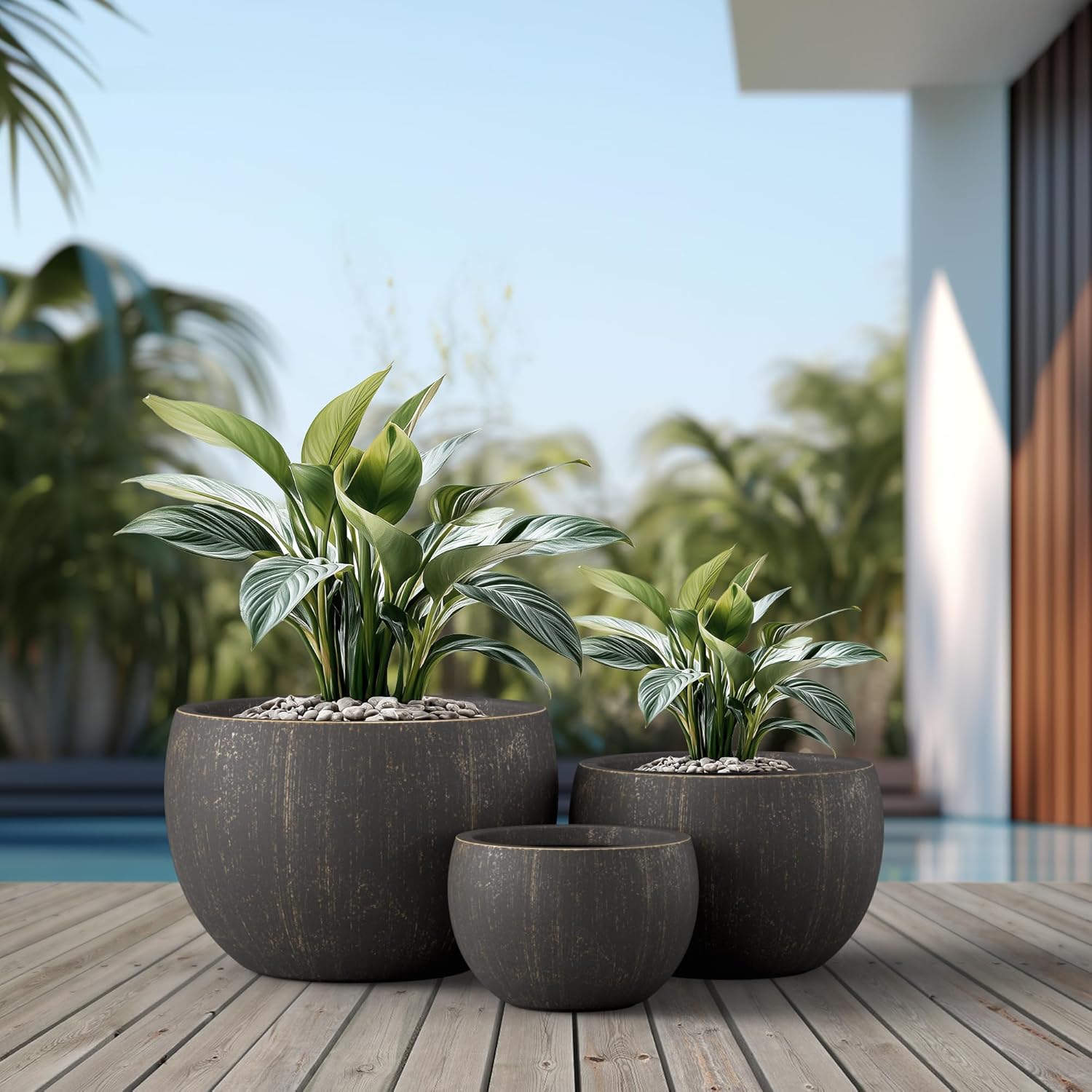 Kante 19.9",15.7",11.8" Dia Round Concrete Planter Set of 3, Outdoor/Indoor Large Bowl Plant Pots with Drainage Hole and Rubber Plug for Garden Patio Balcony Home, Oil Rubbed Bronze