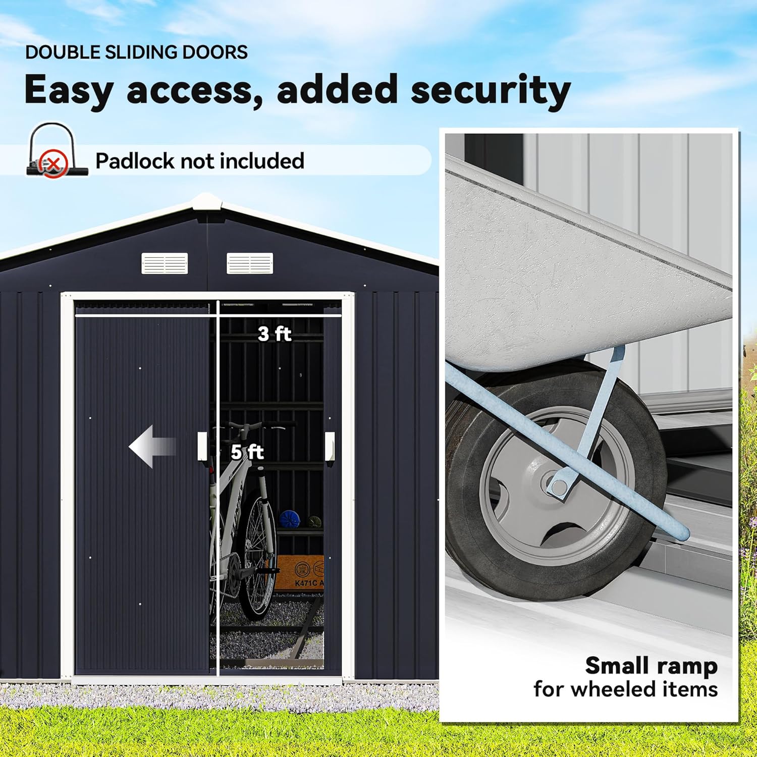 Outsunny 11' x 9' Outdoor Storage Shed, Garden Tool Metal Shed with Foundation Kit, Double Lockable Door, Air Vents and Sloping Roof, for Backyard, Patio, Lawn, Dark Gray