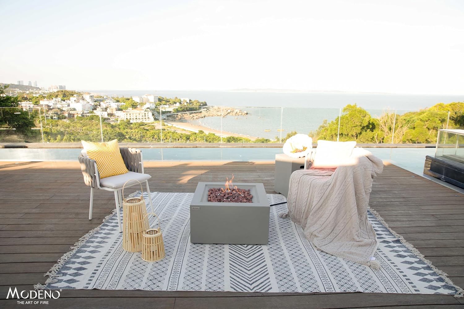 AMS Fireplace | Modeno Ridgefield Package | Light Gray Liquid Propane Gas Fire Pit Table for Outside Patio Bundle with Tank Cover, Wind Guard, SS Burner Lid | Free Ice Bucket & Rubber Mat