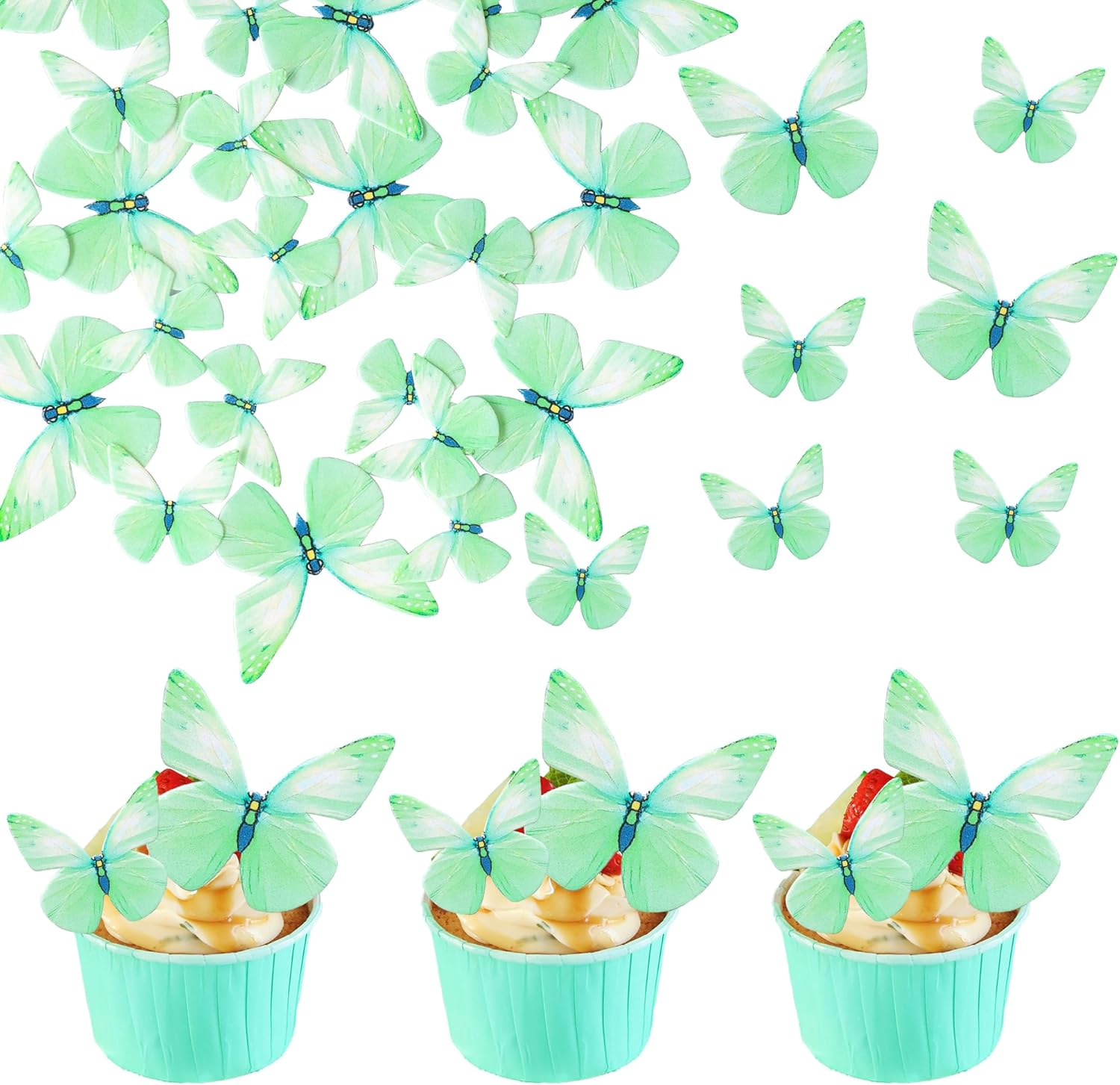 Ephlyn 72Pcs Wafer Paper Butterflies Cupcake Toppers, Edible Butterfly Cake Decorations, Butterfly Theme Birthday Party Decorations for Wedding Birthday Anniversary Party Decorations Green