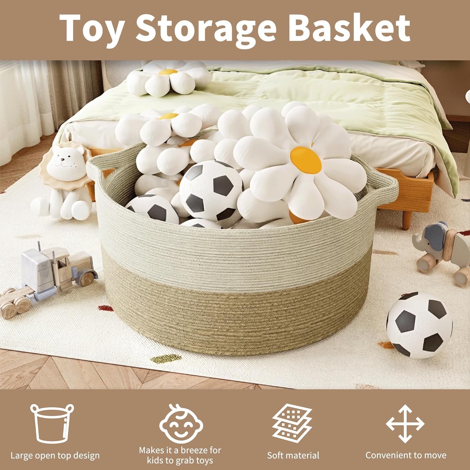 125L Extra Large Blanket Basket, 25" x 16", Jumbo Laundry Woven Baskets Decorative Home, Cotton Rope Basket with Handles, Baby Toy Baskets for Storage, White & Brown,2PC