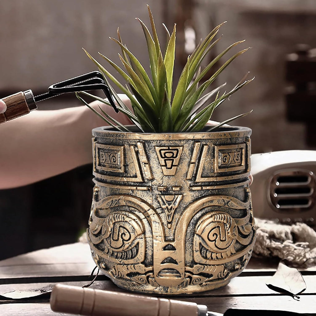 Tribal Vintage Face Planter,Lightweight Unique Plant Pots with Drainage,Eclectic Small Succulent Flower Planters Pots for Outdoor&Indoor Plants,Funny Garden Pot for Room Decor(5.5in,Gold)