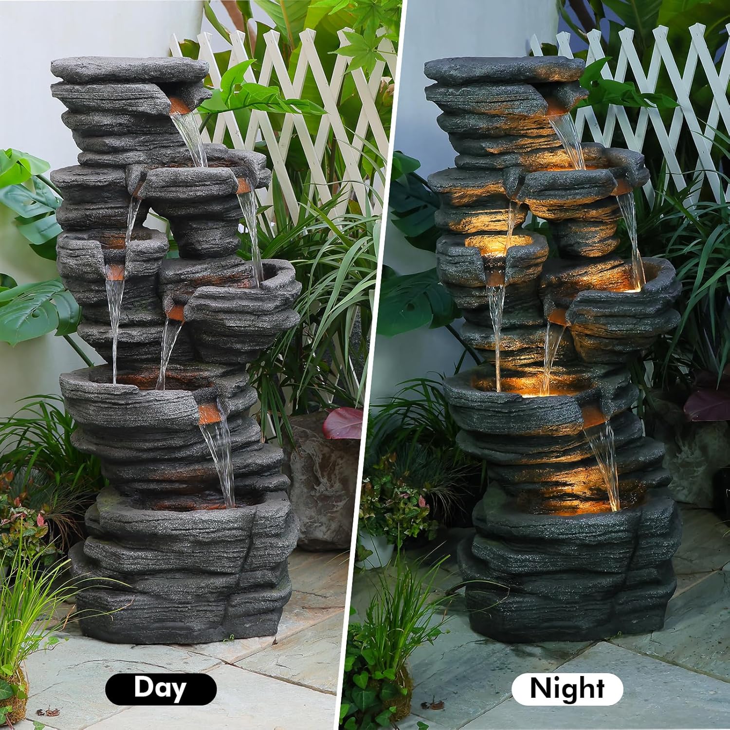 42.5" H Garden Outdoor Water Fountain with LED Lights & Pump, Mutiply-Tier Cascading Outdoor Fountain for Garden,Patio,Porch,Backyard,Home Art Decor