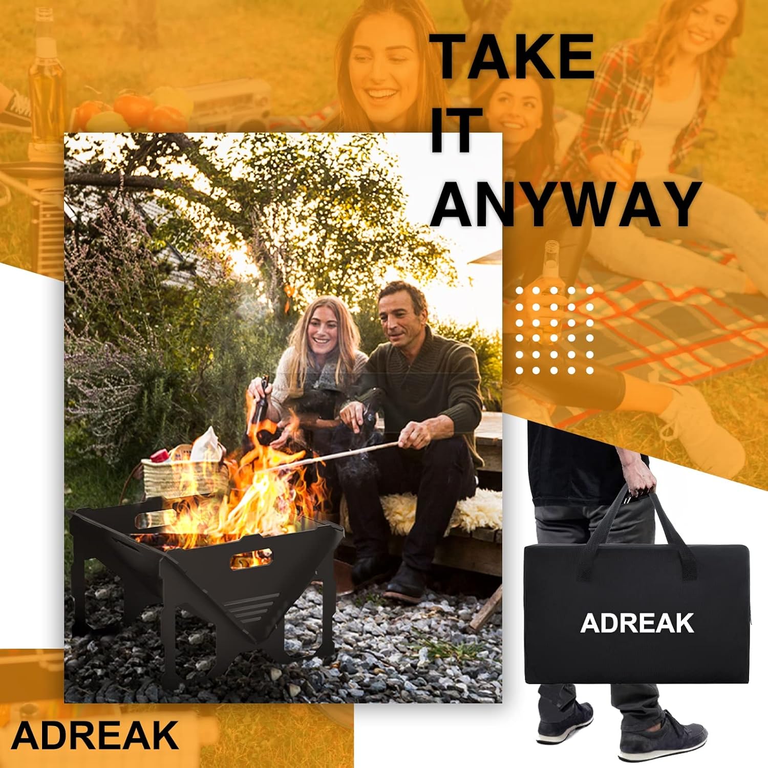 20 inch Fire Pit, Outdoor Portable Firepit with BBQ Tray, Detachable Camping Steel Fire Pits for Backyard, Patio, Picnic, Bonfire, Garden (Black-Large)