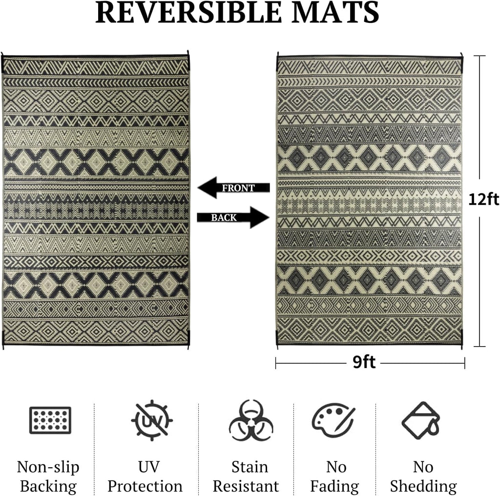 9'x12' Reversible Outdoor Rug - Eco-Friendly Plastic Straw Rug-Heavy-Duty Waterproof Mat, UV & Fade Resistant for Patio, Camping, RV, Deck, Balcony(9x12,Black&Beige)
