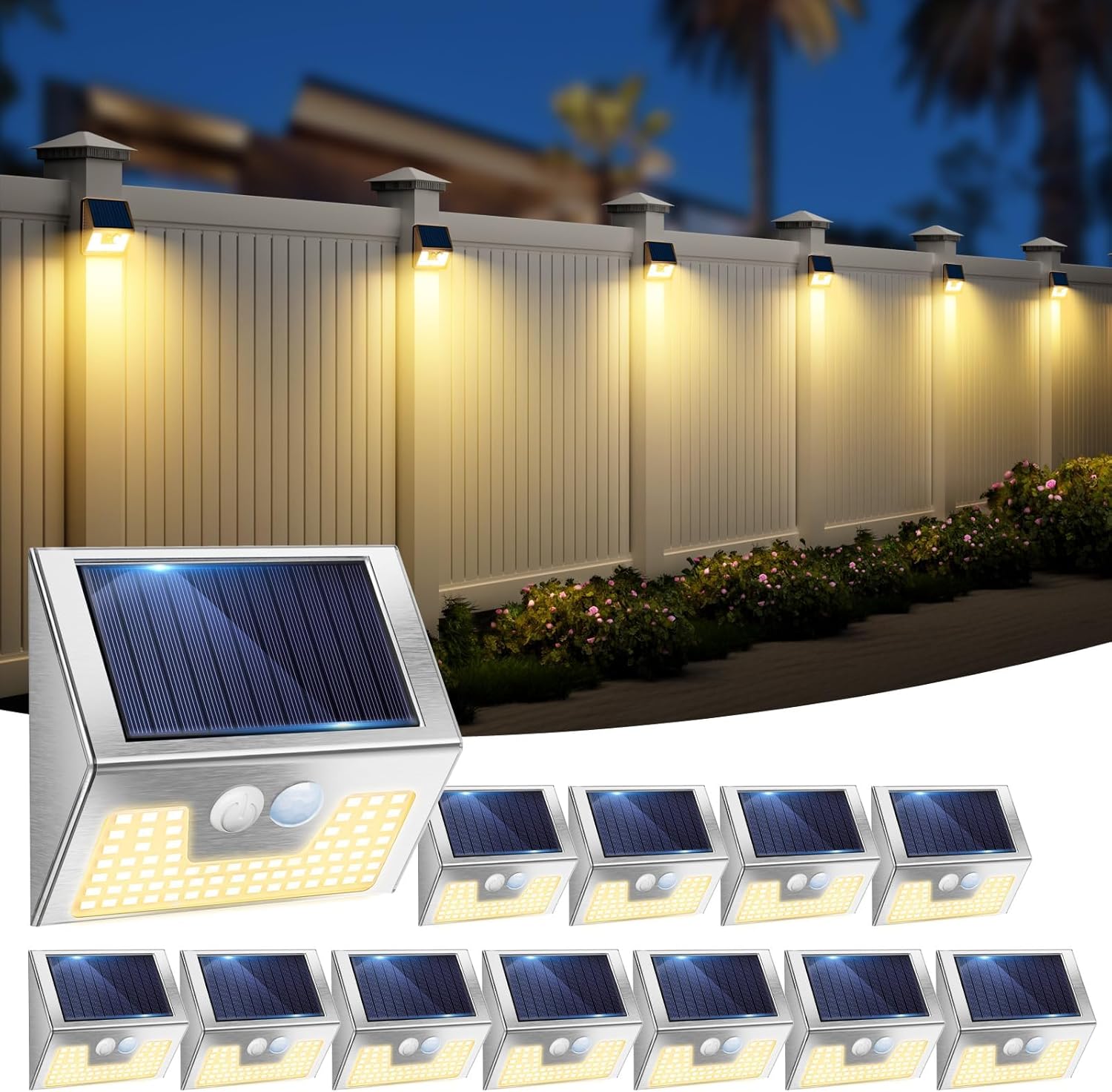 12 Pack Solar Lights Outdoor Motion Sensor, Waterproof Fence Lights 3 Lighting Mode, Warm White LED Outside Lights Wireless for Fence Wall Yard Steps Stairs Garden - Stainless Steel
