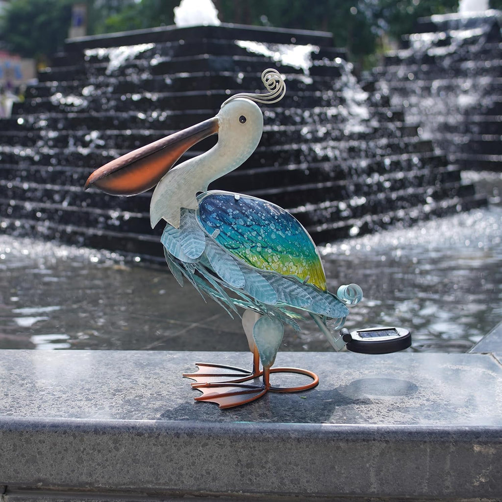 HONGLAND Solar Metal Pelican Statues Garden Sculpture & Statues, 17 Inch Glass Outdoor Pelican Yard Art Coastal Ocean Bird Decor Lawn Ornament for Backyard Porch Patio Decor（Blue-Green）