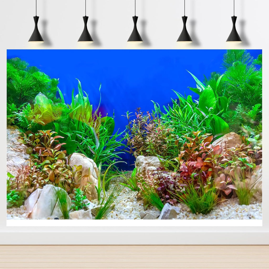 Aquarium Background Green Aquatic Plant Stone River Bed and Lake Fish Tank Background Decor Underwater Grass Leaves with Pebble Aquarium Backdrop Perfect Fish Tank Decors Vinyl 24x16in