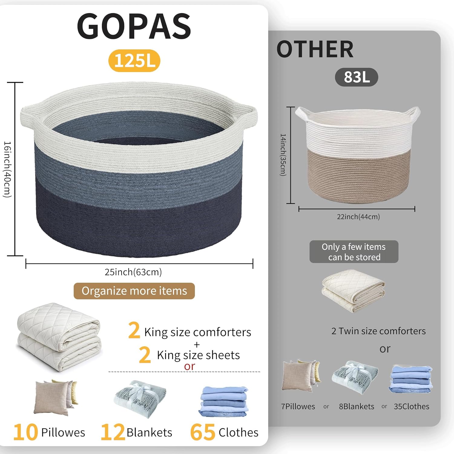 125L Extra Large Blanket Basket, 25" x 16", Jumbo Laundry Woven Basket Decorative Home, Cotton Rope Basket with Handles, Baby Toy Basket for Storage, Gradual Blue