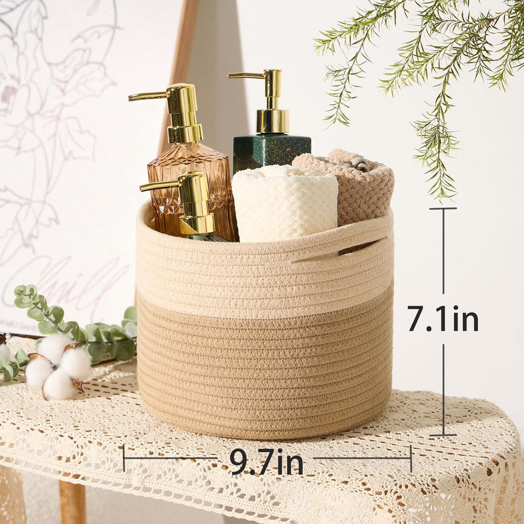 Small Basket for Organizing | Cube Shelf Closet Storage Baskets | 9.7×9.7×7.1” | Woven Rope Gift Basket | Nursery | Round 3 Packs Tan