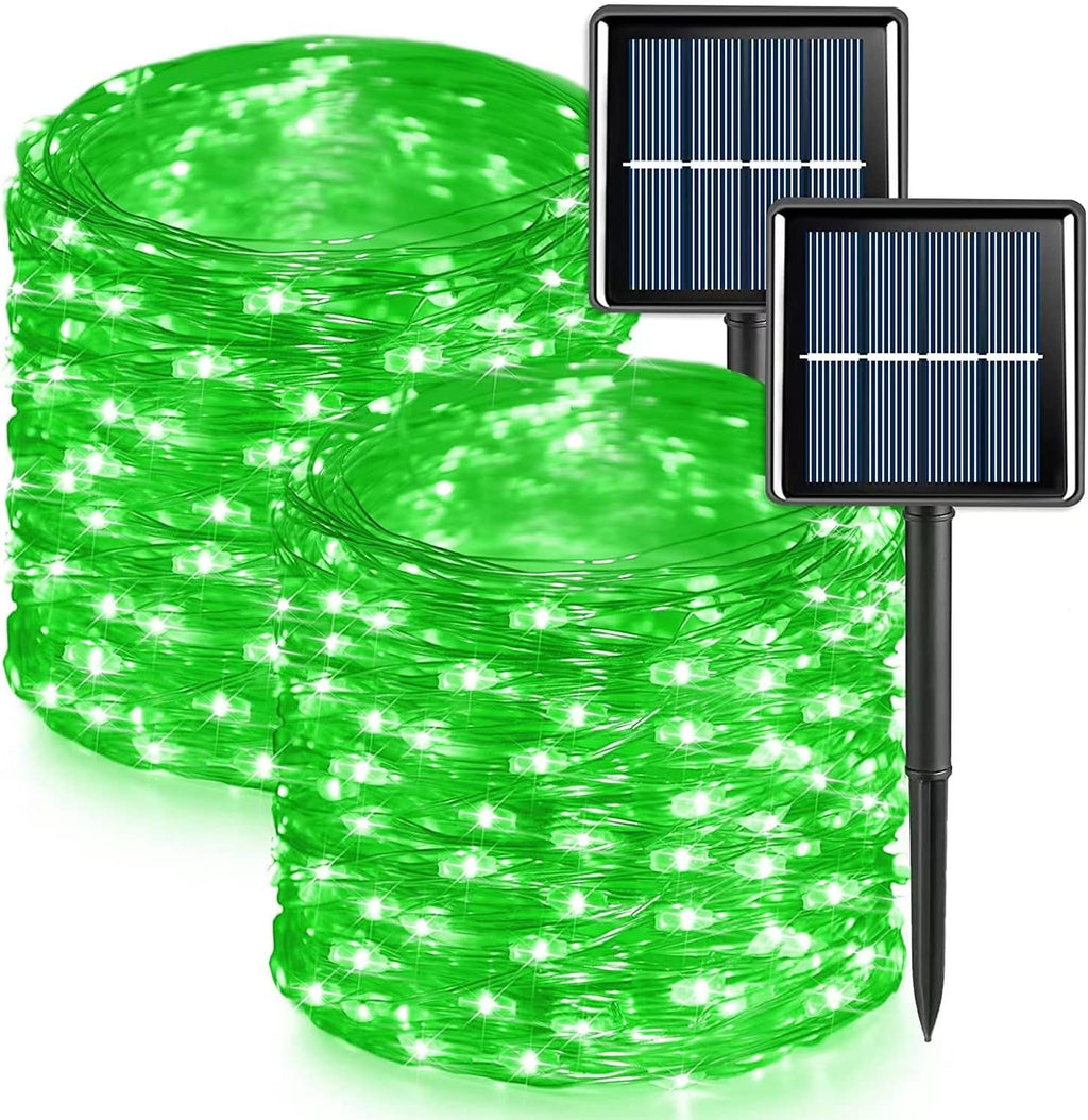 QITONG 2 Pack Green Solar Fairy Lights, Each 66ft 200 LED Solar String Light, 8 Modes Silver Wire Solar Twinkle Mini Lights
