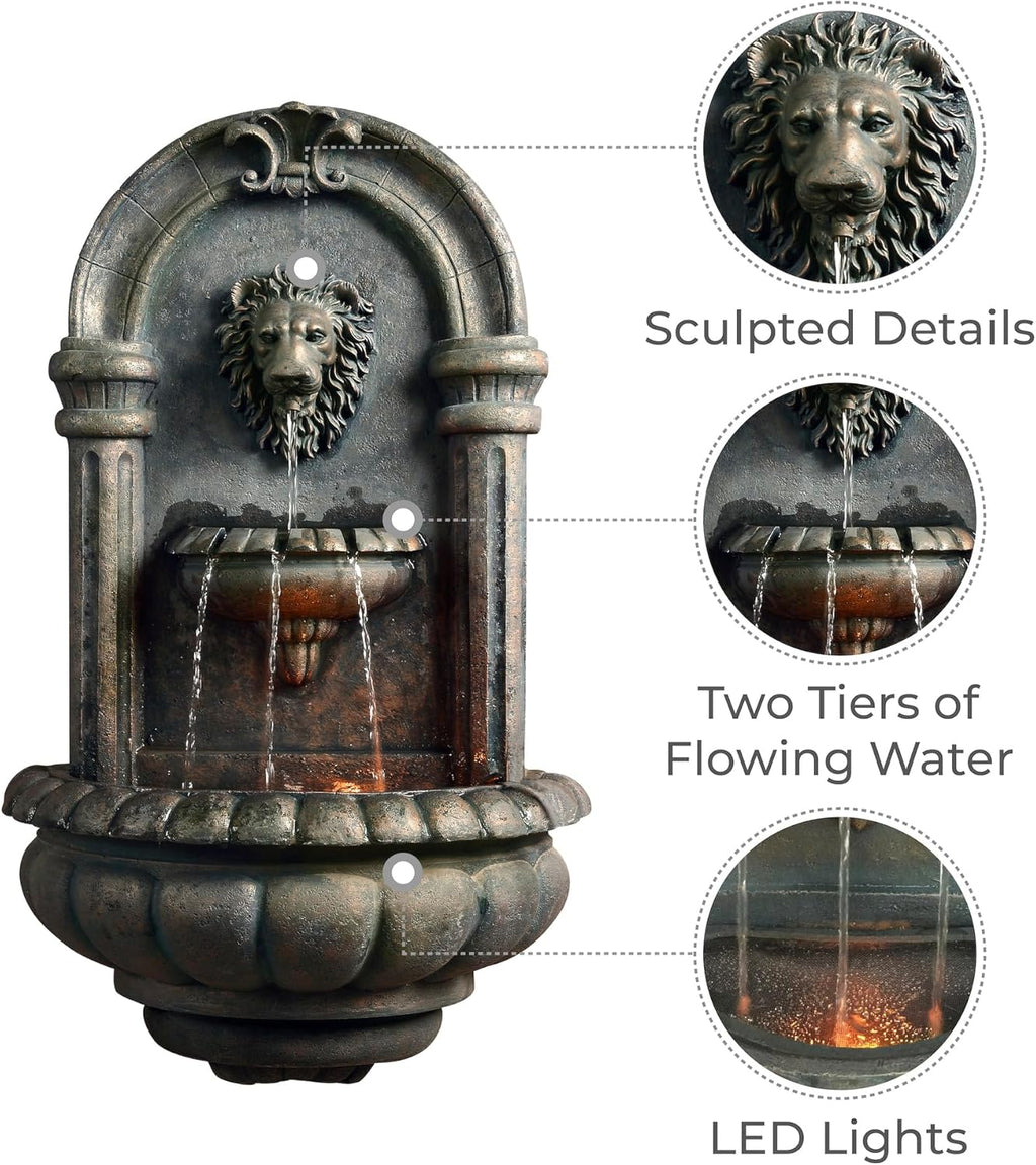 Teamson Home 32.1 in. Wall-Mounted Lion Head Stone LED Outdoor Water Fountain for Gardens, Landscaping, Patios, Balconies, Lawns to Create a Calming Oasis in Outdoor Living Spaces, Antique Bronze