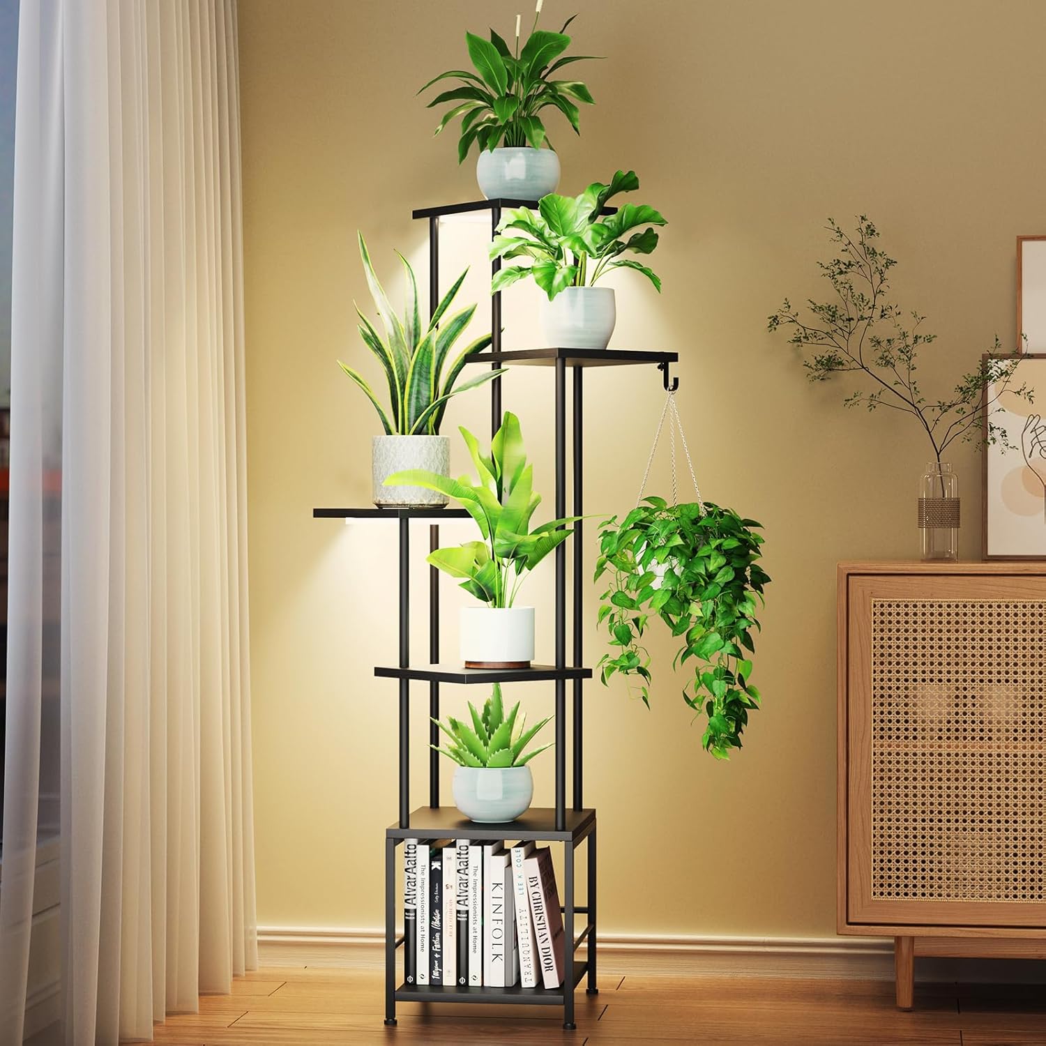 Plant Stand Indoor with Grow Light, 6-Tiered Tall Plant Stand Indoor, Metal Plant Shelf with Hanging Basket Hook and Adjustable Light, Ideal for Living Room, Garden, Patio, Black