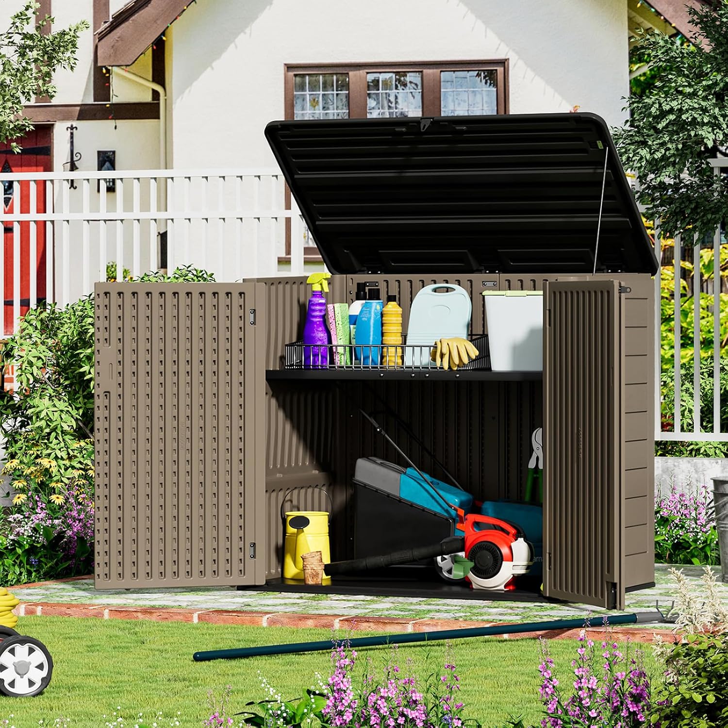 ZZM Large Outdoor Storage Shed, 48 Cu Ft Resin Versatile Storage Cabinet for Patio Accessories, Trash Cans & Garden Tools, Durable Horizontal Storage Box with Lockable Lid (Coffee)