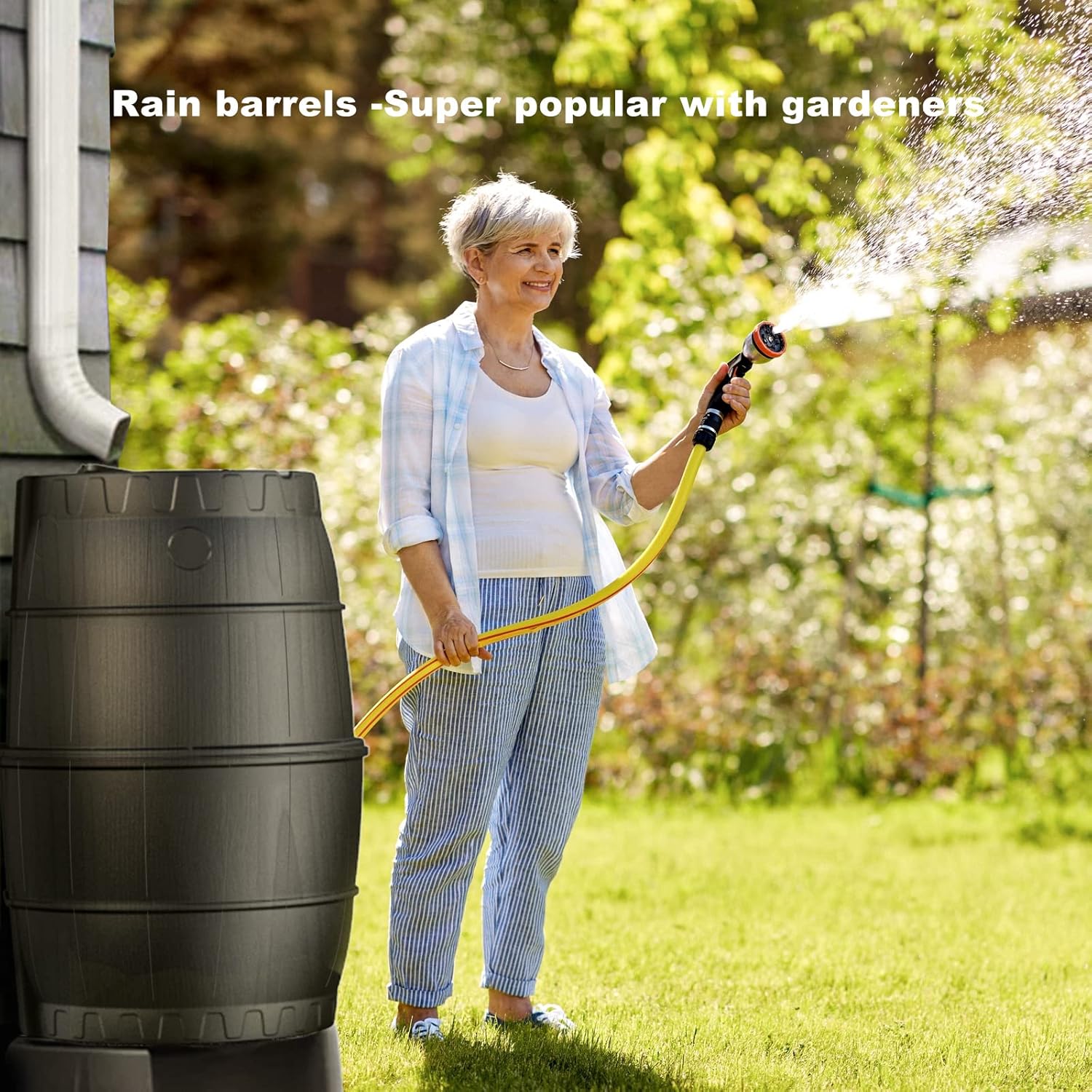 EJWOX Rain Barrels to Collect Rainwater from Gutter for Outdoor Use, 45 Gallon Black Rain Water Collection Barrels, BPA Free Water Catcher with Spigot, Lid, and Hose