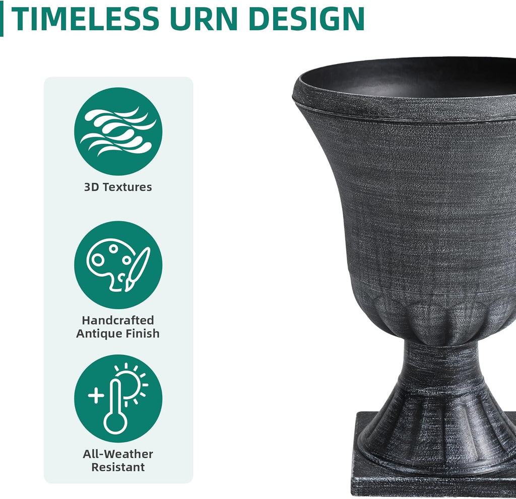 22" Large Urn Planters for Outdoor Plants, Set of 2 Plastic Flower Pot with Handmade Washed Black Finish, Weather-Resistant for Porch, Garden, Patio or Indoor Decor