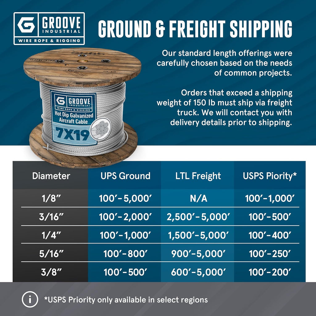 1/8’’ 7x19 Hot Dip Galvanized Aircraft Cable – Steel Wire Rope - 2000 Feet
