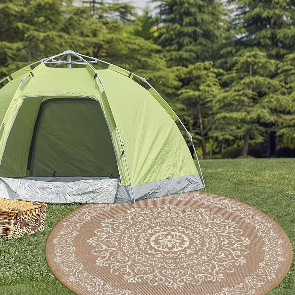 Pauwer Waterproof Outdoor Rug 6ft, Reversible Plastic Straw Patio Camping Rug, Indoor Outdoor RV Mat Carpet for Deck, Camper, Porch, Balcony, Backyard, Picnic, Floral Brown