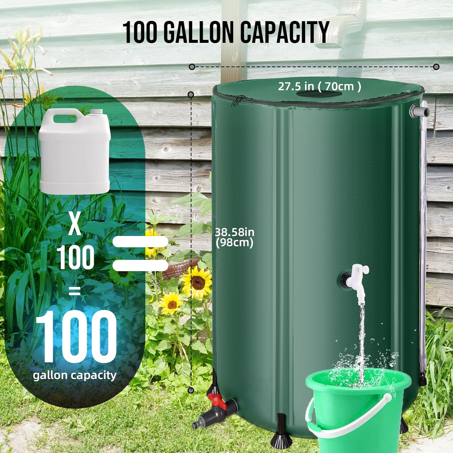 Collapsible Rain Barrel Water Collection System - 100 Gallon Portable Water Storage Tank,Foldable Rainwater Collect System Downspout, Water Catcher Container with Filter, Spigots＆Overflow Kit,Green