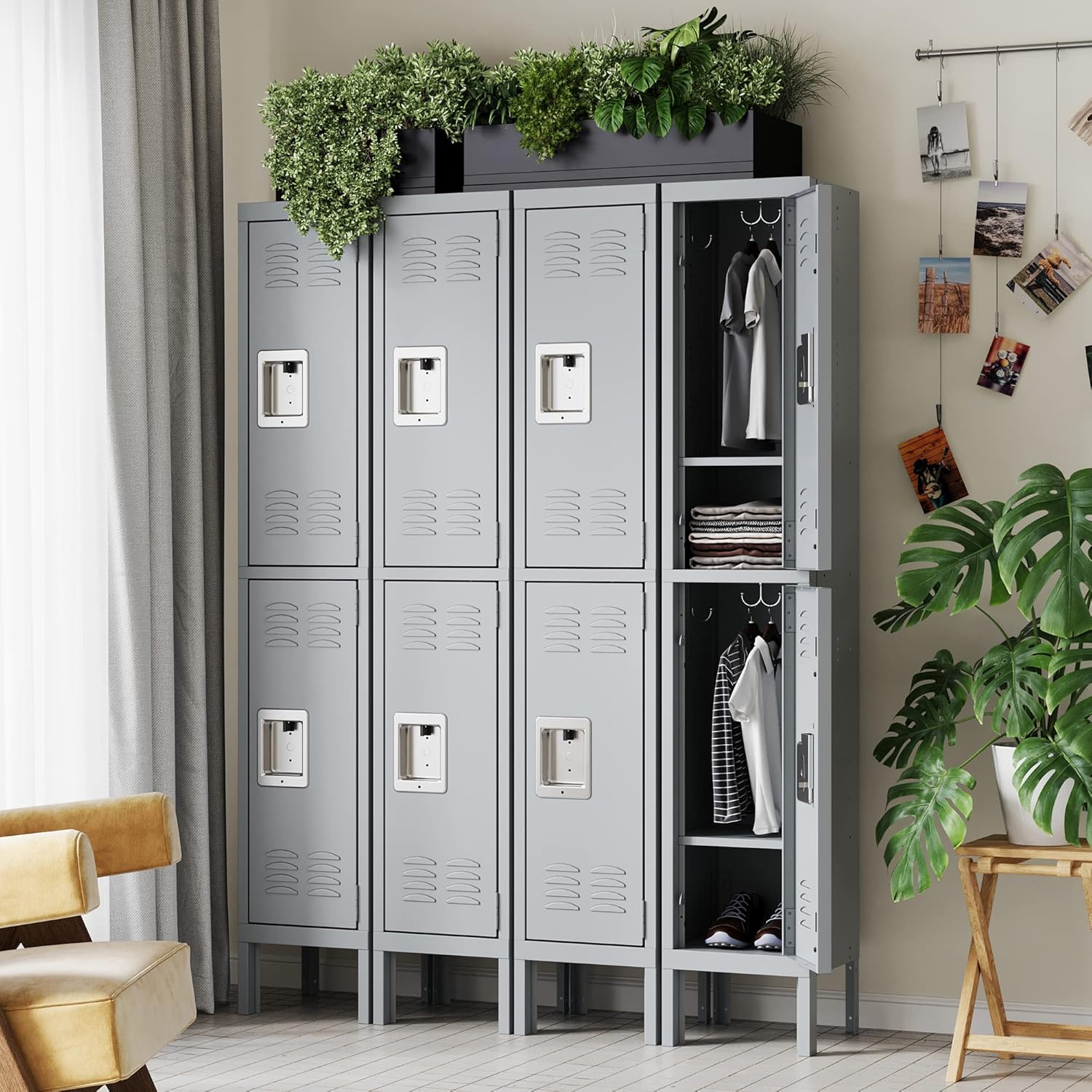 Letaya Storage Locker with Lock Door,Metal Storage Cabinet 4 Tier with Hook for Employees, School,Gym, Home,Office(2 Door-Gray)