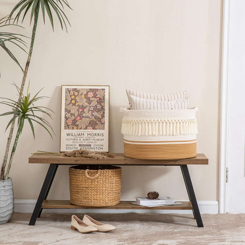 KAKAMAY Large Blanket Basket (20"x13"),Woven Baskets for storage Baby Laundry Hamper, Cotton Rope Blanket Basket for Living Room, Laundry, Nursery, Pillows, Baby Toy chest (White Fringe)