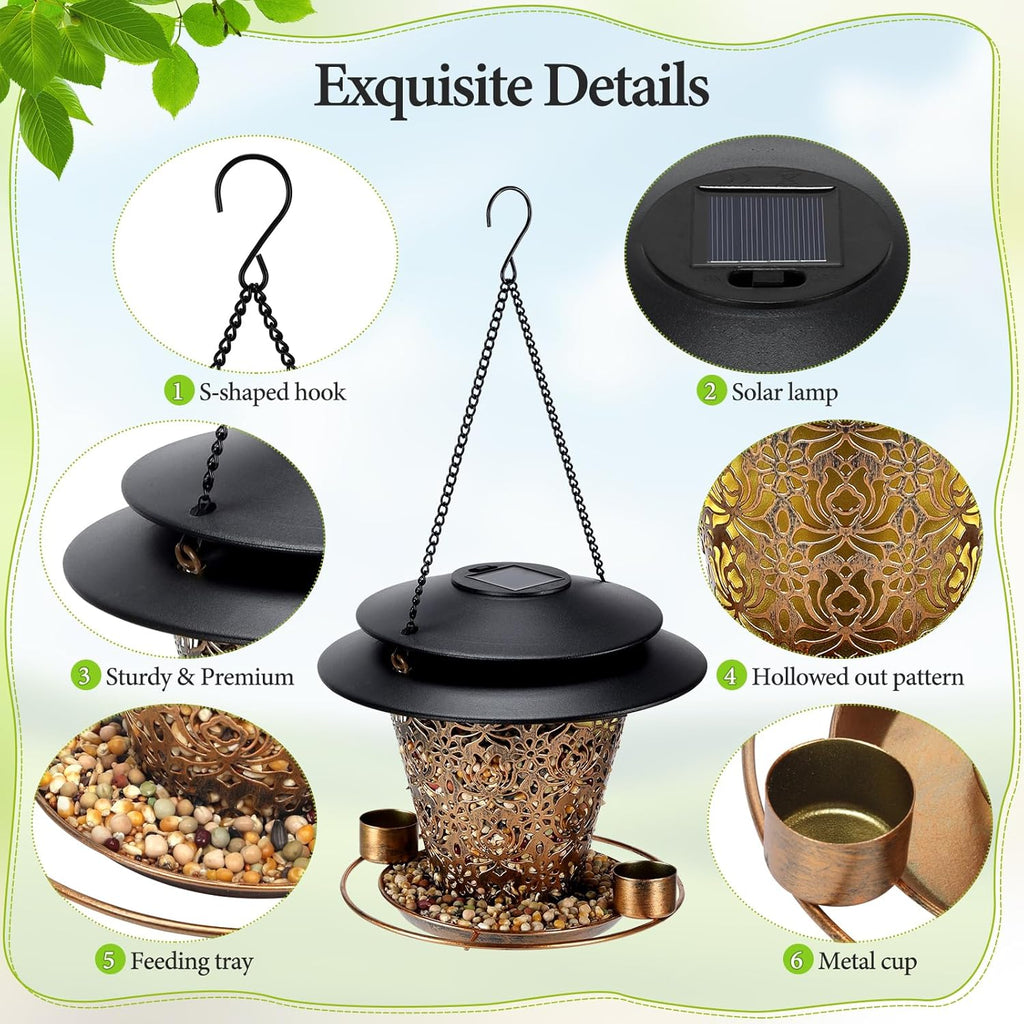Solar Bird Feeders for Outside Hanging Metal Wild Bird Feeder Solar Lanterns Outdoor Waterproof Garden Decor for Yard Brown