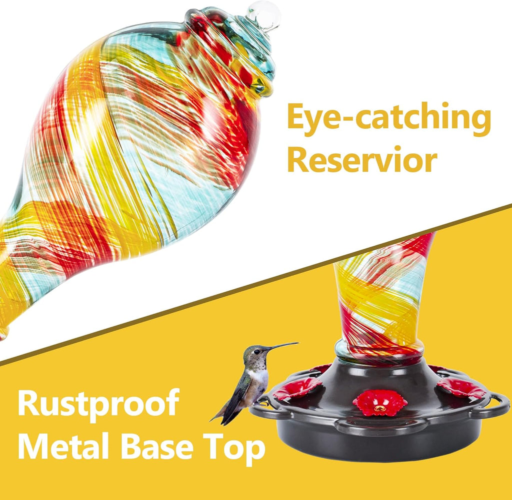 LUJII Hand Blown Glass Hummingbird Feeder for Outdoors Hanging with Ant Moat, 25 fl.oz, Leak Proof & Rustproof, Metal Base with 5 Feeding Ports & 5 Perches, Unique Garden & Backyard Decor (Ribbon)