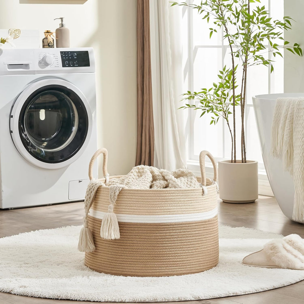 KAKAMAY Large Blanket Basket (20"x13"),Woven Baskets for storage Baby Laundry Hamper, Cotton Rope Blanket Basket for Living Room, Laundry, Nursery, Pillows, Baby Toy chest (White and Brown)