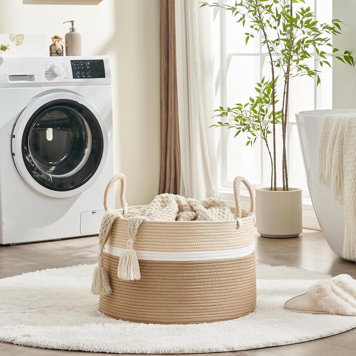 KAKAMAY Large Blanket Basket (20"x13"),Woven Baskets for storage Baby Laundry Hamper, Cotton Rope Blanket Basket for Living Room, Laundry, Nursery, Pillows, Baby Toy chest (White and Brown)