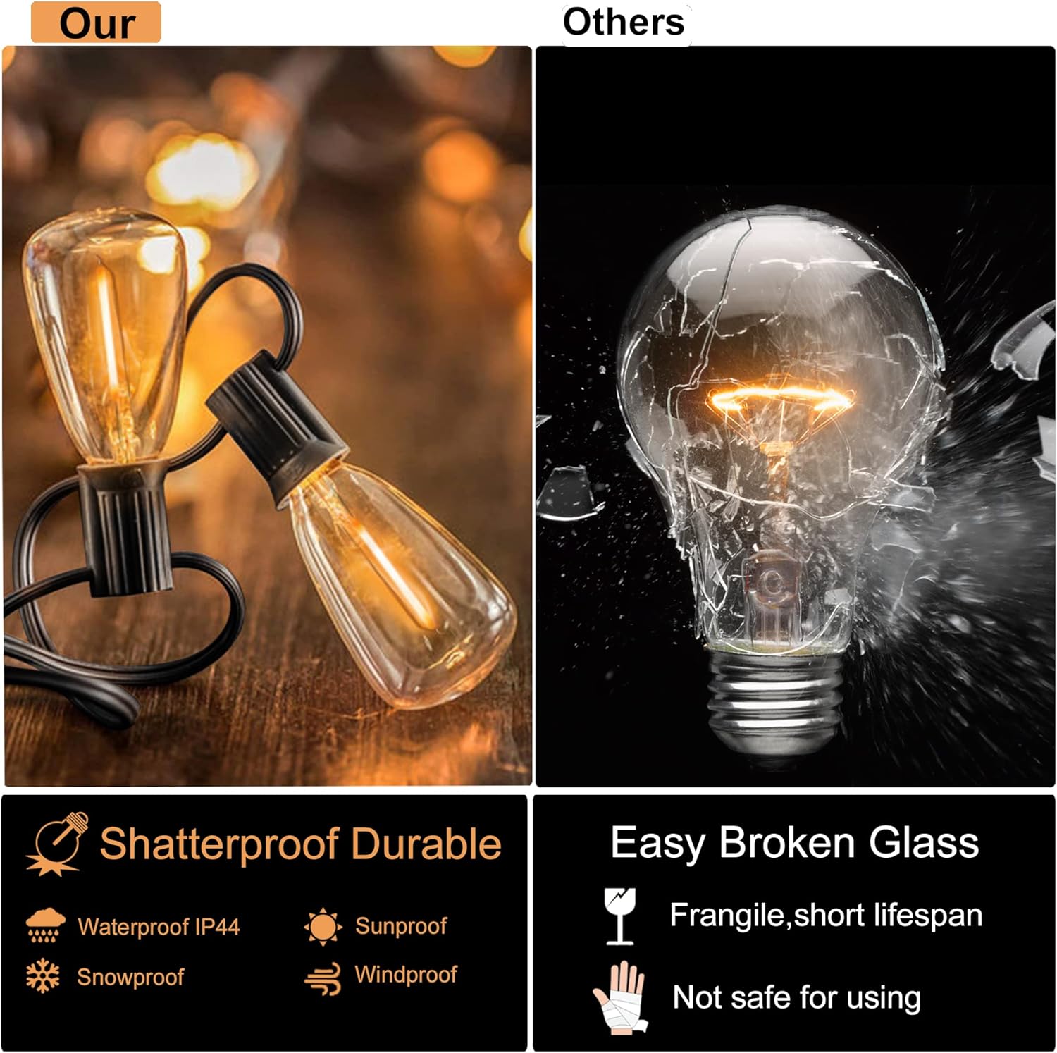 DAMAING Outdoor String Lights 200 FT Waterproof Patio Lights with 102 ST38 Shatterproof LED Bulbs, Dimmable Vintage Edison String Lights for Outside House Backyard Porch Gazebo Party,2-Pack x 100ft