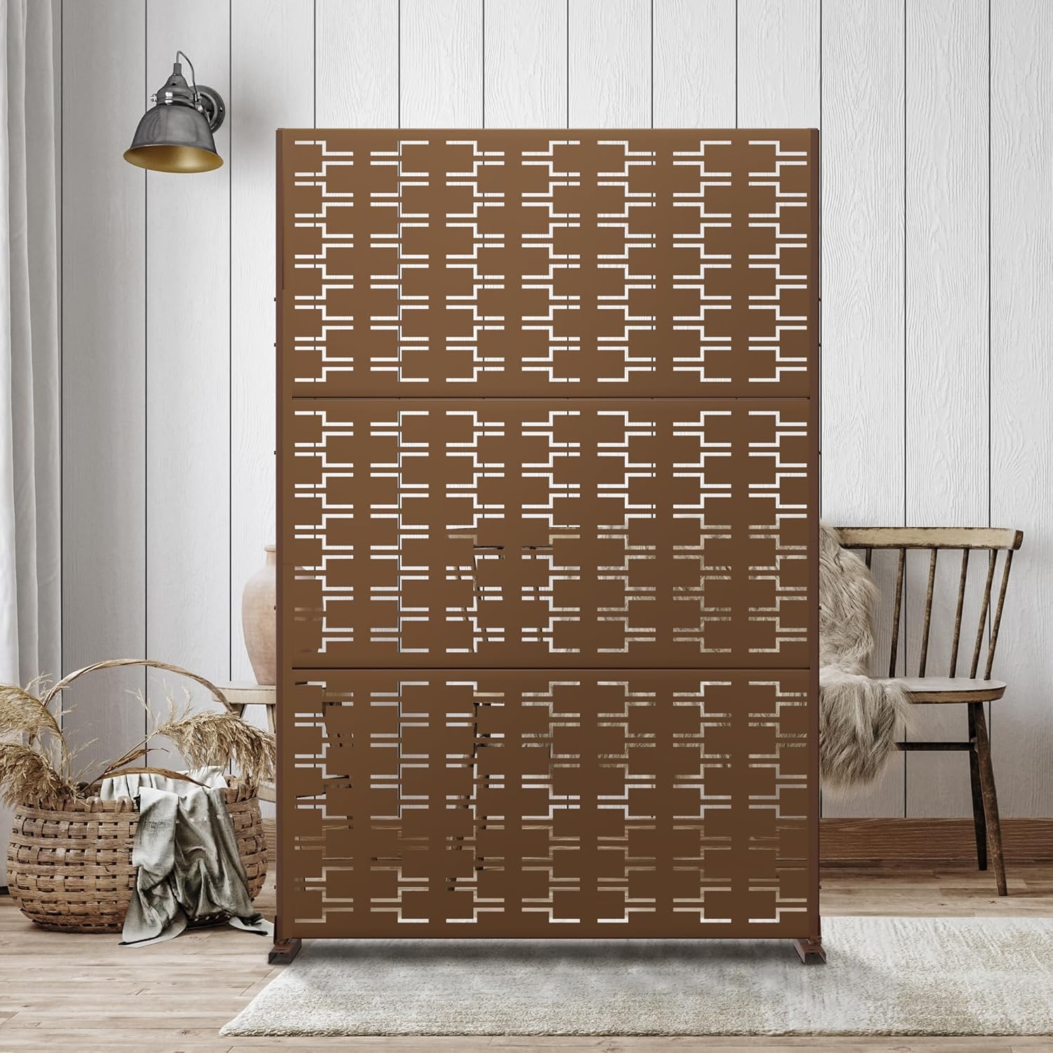 Metal Privacy Screen Outdoor 72" H×47" W,Freestanding Decorative Privacy Screen for Balcony Yard&Garden,Privacy Fence-Brown&Brick