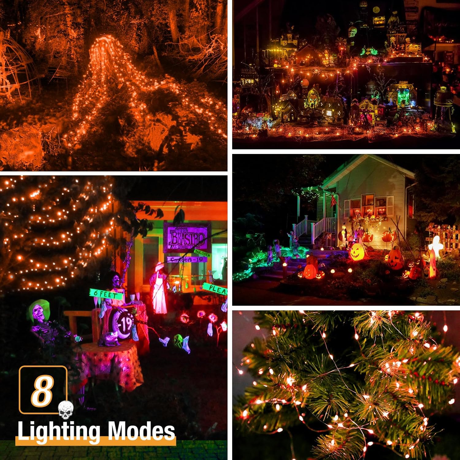 4 Pack Solar Halloween String Lights Outdoor - 320LED 132FT Orange Solar Fairy Lights Outside Waterproof, 8 Modes Solar Powered Twinkle Lighting Decorations for Tree Garden Yard Spooky Patio Party