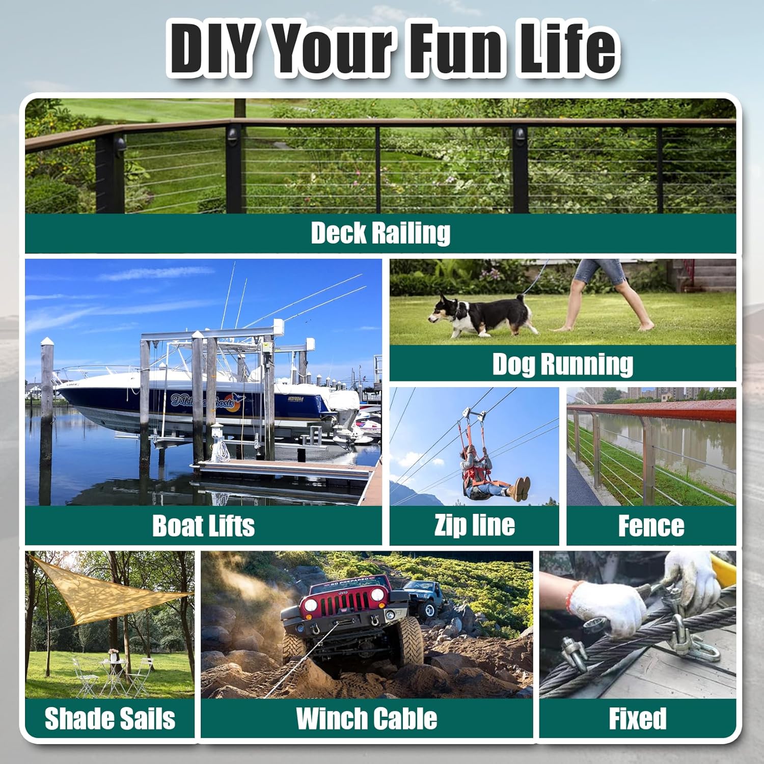 1/4" Stainless Steel Cable, 400FT Wire Rope, 7X19 Strands Aircraft Cable, 6400lbs Breaking Strength, for Zipline, Outdoor, Deck Railing, Heavy Duty Applications, Hanging