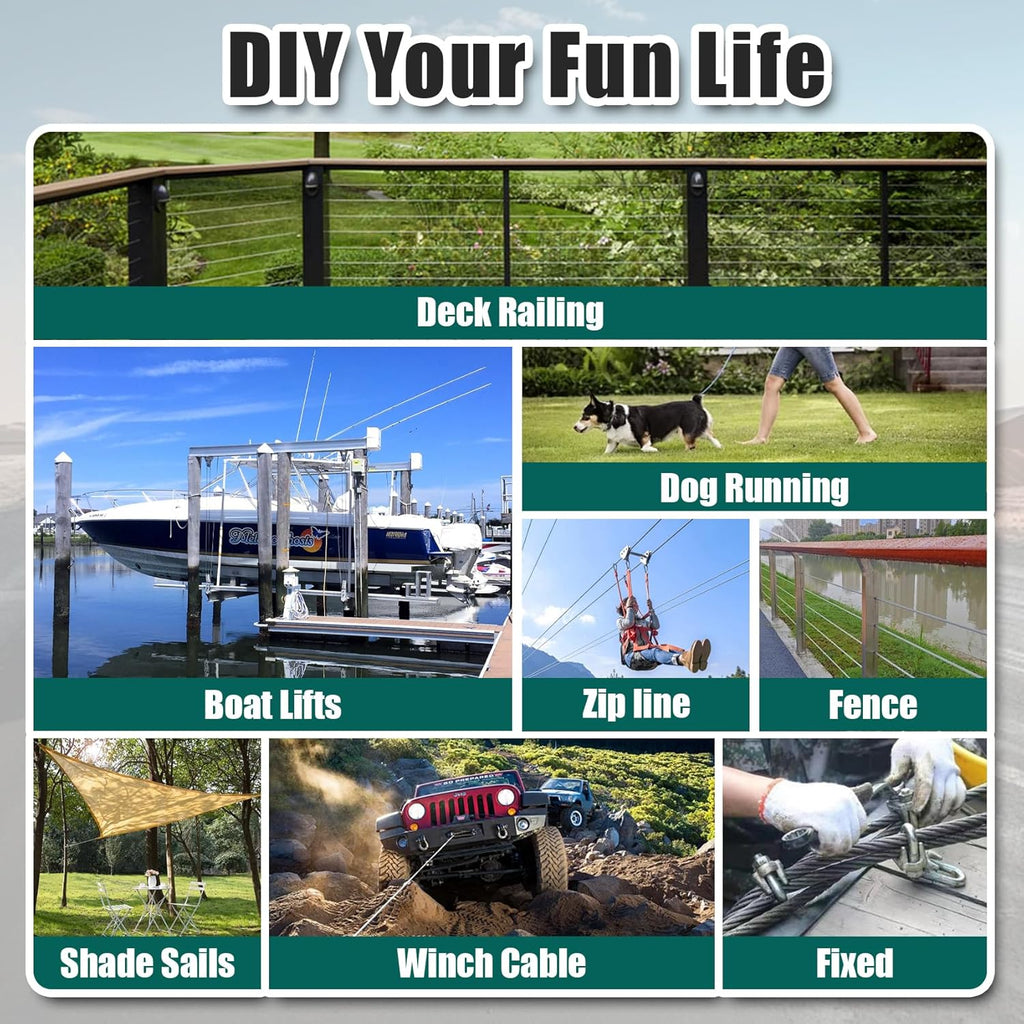 1/4" Stainless Steel Cable 75FT Wire Rope with Clamps and Thimble, 7X19 Strands Aircraft Cable for Zipline, Outdoor, Deck Railing, Heavy Duty Applications, Hanging, 6400lbs Breaking Strength