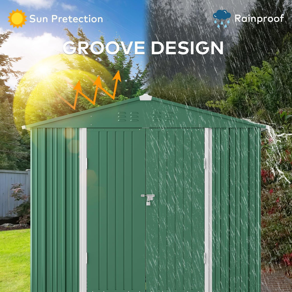 Gizoon Outdoor Storage Shed 8 x 6 FT, Galvanized Metal Garden Shed with Double Lockable Doors, Outdoor Storage Clearance for Backyard Patio Lawn-Green