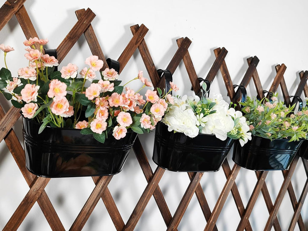 2 Pack Metal Hanging Planter for Outdoor Plants, 10 Inch Black Fence Planters Railing Pots for Garden Patio Balcony Decor, Flower Bucket with Detachable Hooks (Black, 2Pcs)
