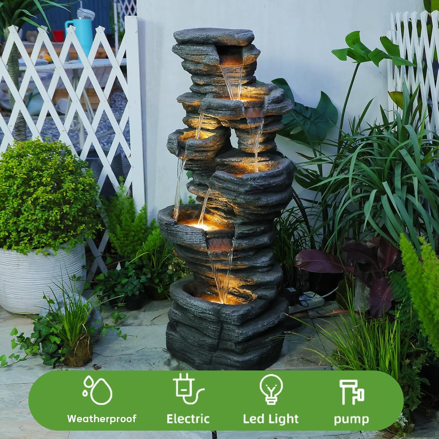 42.5" H Garden Outdoor Water Fountain with LED Lights & Pump, Mutiply-Tier Cascading Outdoor Fountain for Garden,Patio,Porch,Backyard,Home Art Decor
