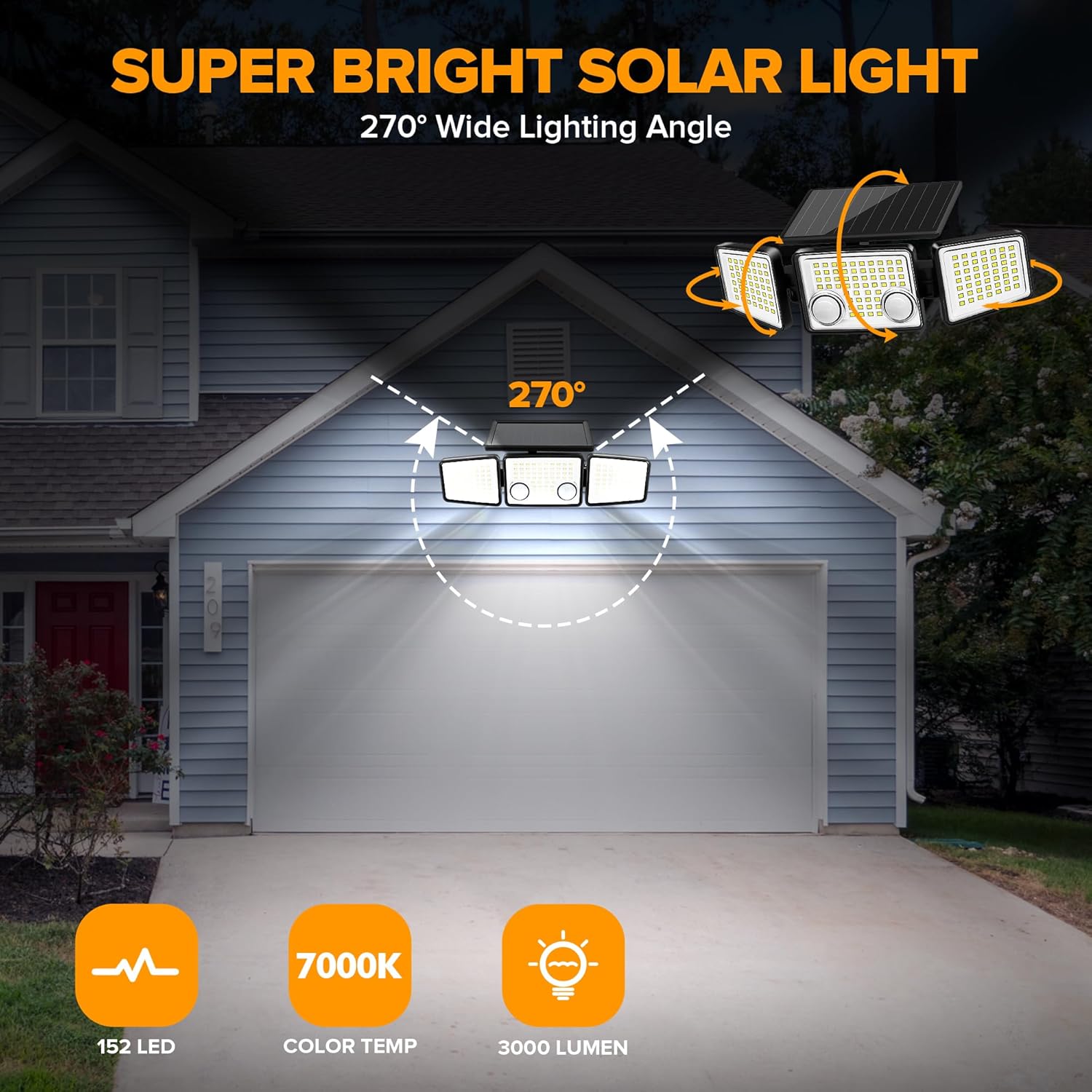 UME Solar Outdoor Lights 3000 Lumen 7000K, 152 LED Super Bright Motion Sensor Outdoor Lights with 2 Sensors, IP65 Waterproof 270 Wide Angle Solar Flood Lights with 3 Modes for Garden - 4 Pack