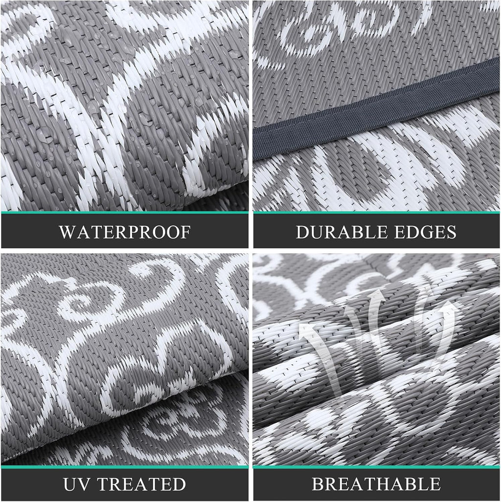 Pauwer Waterproof Outdoor Rug 6ft, Reversible Plastic Straw Patio Camping Rug, Indoor Outdoor RV Mat Carpet for Deck, Camper, Porch, Balcony, Backyard, Picnic, Floral Grey