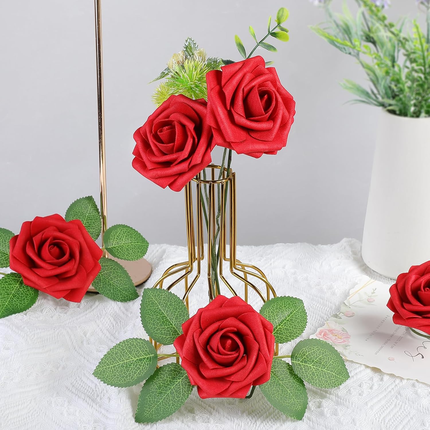 AmyHomie 25pcs Real Looking Artificial Red Roses w/Stem for DIY Wedding Bouquets Centerpieces Arrangements Party Baby Shower Home Decorations