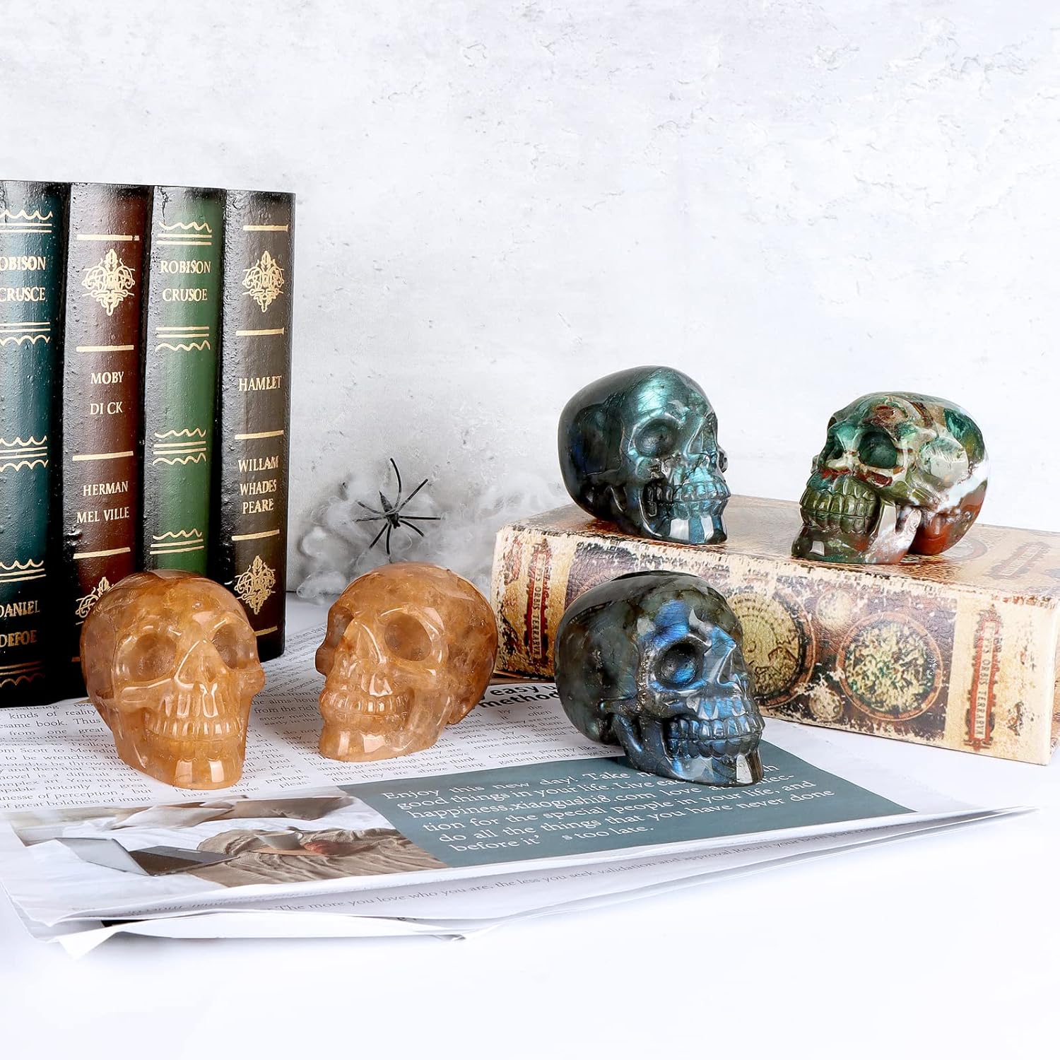 3.0" Ocean Jasper Crystal Skull Head Decor Figurine Healing Stone Carved Sugar Skull Stutue Sculpture Ornament for Day of Dead Decorations Home Office