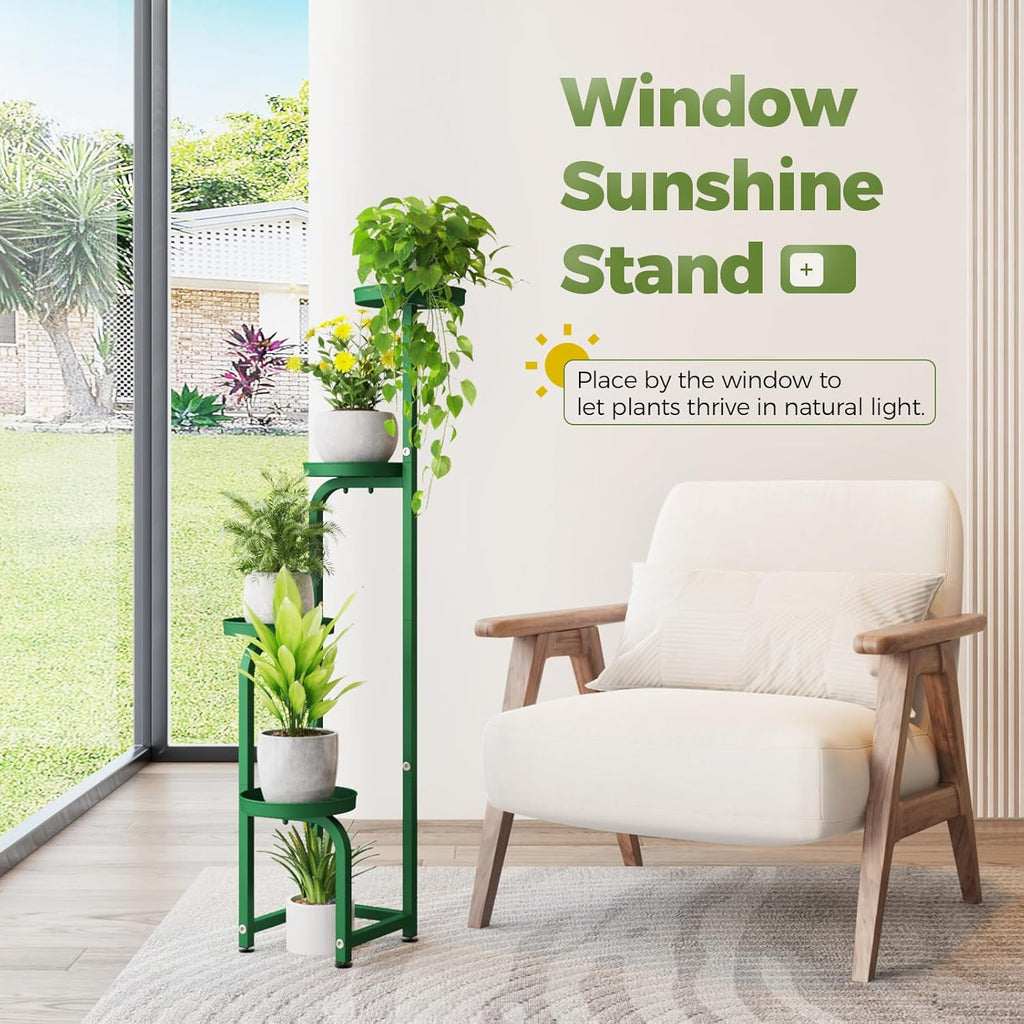 Bamworld Corner Plant Stand Indoor Outdoor, Tall Metal Flower Pot Stands for Multiple Plants, 4 Tier Green Heavy Duty Plant Shelf for Patio Garden Balcony Living Room Bedroom(Patent Design)