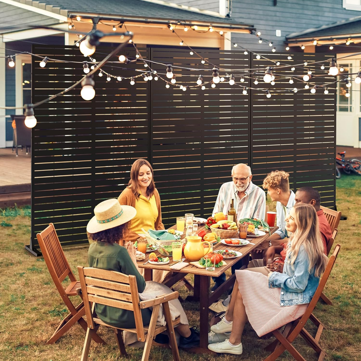 FENCY Metal Privacy Screen with Stand 72" H×44" W Outdoor Freestanding Privacy Panels, Outdoor Privacy Screen for Deck Patio Balcony(Black-Louvered)