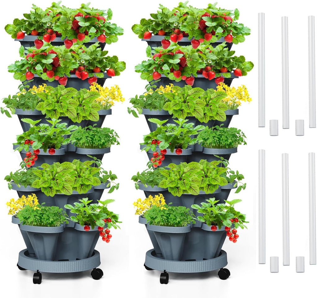Strawberry Vertical Planter Tower Garden 2 Pack, 6 Tiered Stacking Planter with Support Pole, Stackable Herb Planter Indoor Outdoor Dark Grey