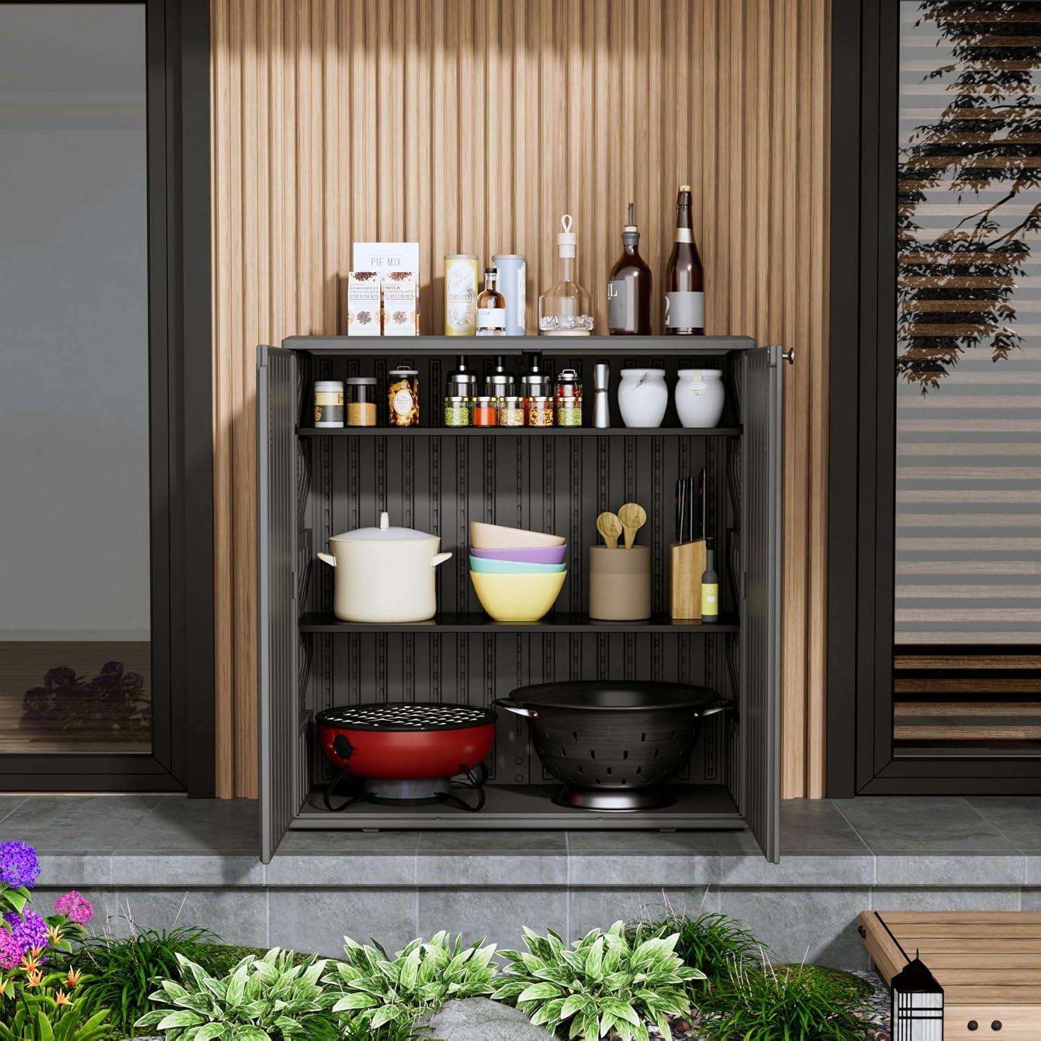 Storage Box Outdoor Caninet,Resin Indoor Storage Box Waterproof Outdoor Storage Cabinets for Patio/Garden/Backyard, Size 34.3''L*15''W*36.2''H(Grey)